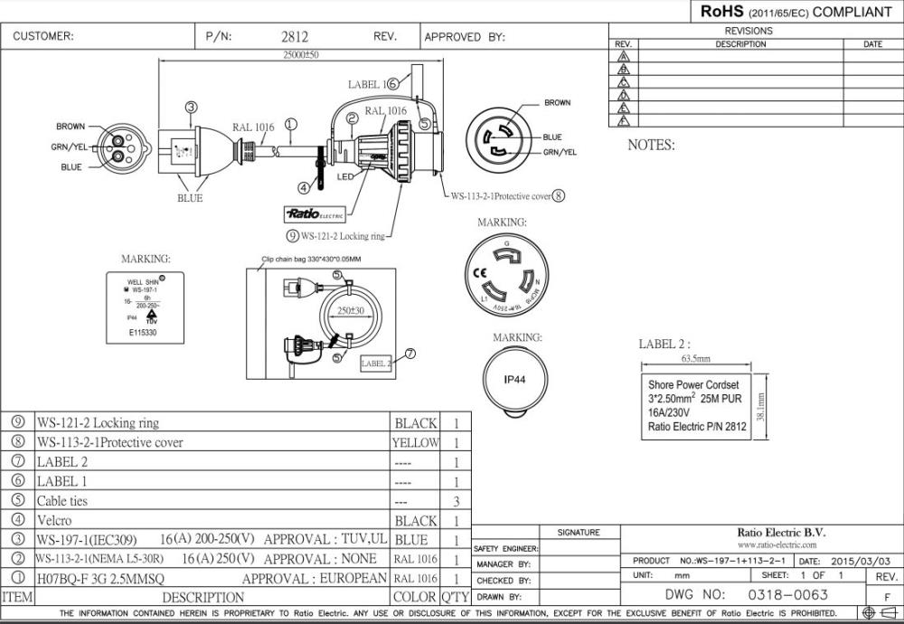 Landanschluss-Kabel, NEMA, 25 m - 230 V - 16 A