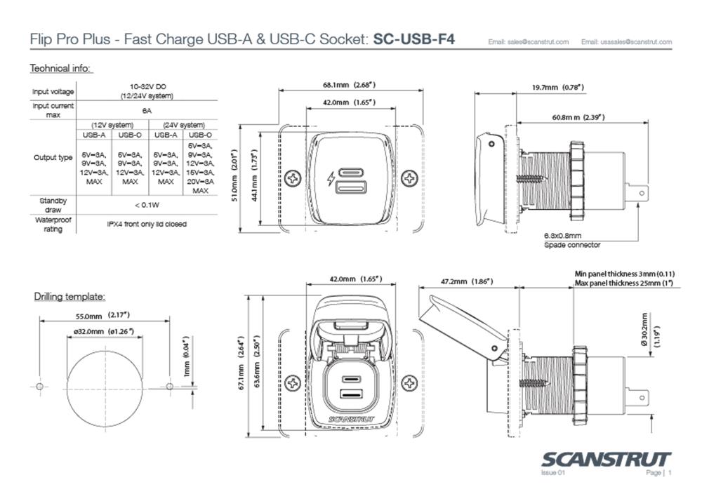 SCANSTRUT - Schnellladesteckdose wasserdicht / USB-A & USB-C