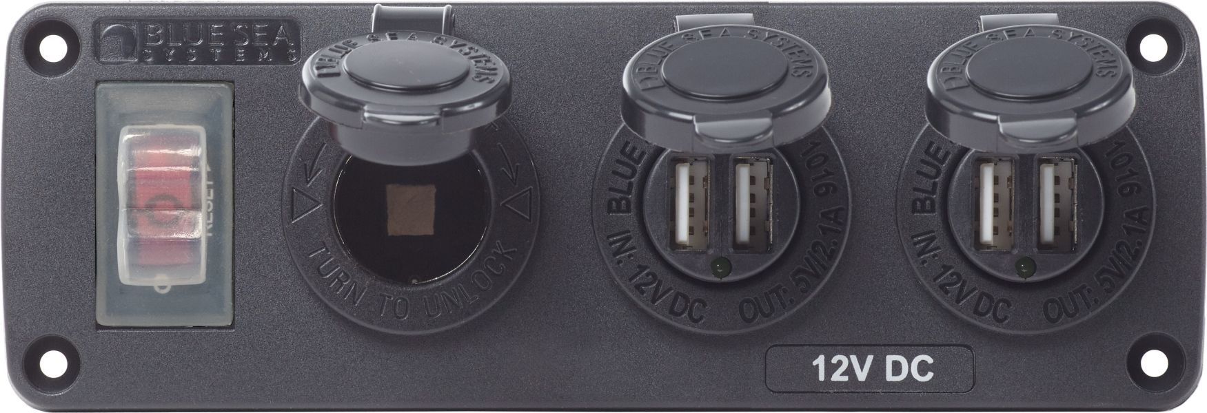 BLUE SEA - wassergeschütztes Steckdosen Panel - 12V + 2x USB