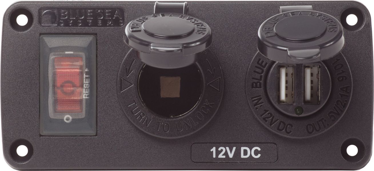 BLUE SEA - wassergeschütztes Steckdosen Panel - 12V DC + USB